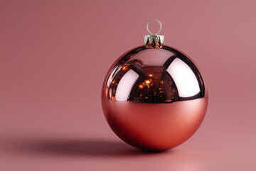 Shiny rose gold Christmas ornament on pink background  