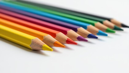 Macro shot of a row of sharpened color pencils arranged diagonally, showing a vibrant rainbow spectrum on a white background.