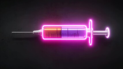 Syringe filled with blue liquid on a black background