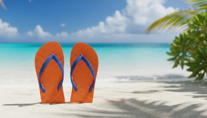Tropical paradise vacation scene with bright orange flip-flops on white sand, turquoise water