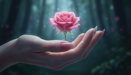 Naklejka premium Ethereal pink rose with sparkling water droplets held gently in a manicured hand against a dark, mystical forest background.