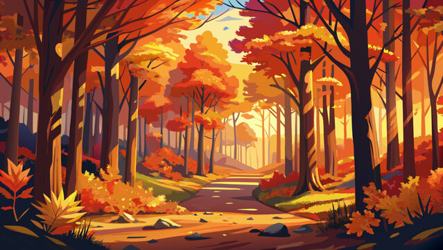Very beautiful autumn forest scene featuring a dense New England woodland with vibrant fall foliage in shades of red, orange, and yellow, sunlight filtering through the trees, and a serene seasonal at