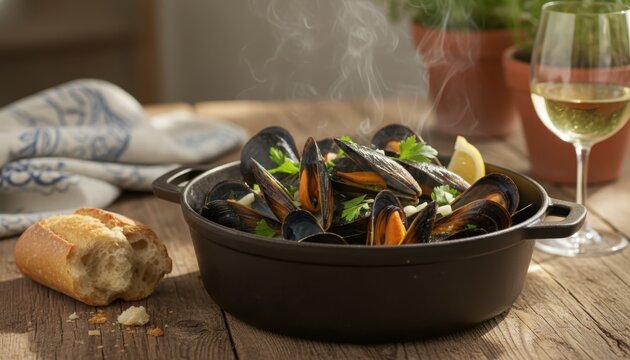 Delicious steaming mussels served in a cast iron pot with crusty bread and white wine on a rustic table. - Powered by Adobe