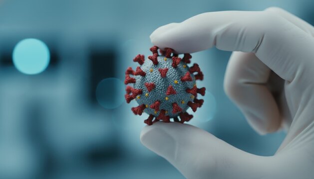 Scientist in gloves holding a detailed 3D model of the Coronavirus in a blue clinical research environment. - Powered by Adobe