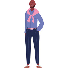 Smiling Bald Black Man Wearing Blue Collared Shirt Pink Sweater Tied Around Neck Dark Blue Pants and Brown Shoes Standing Against White Background