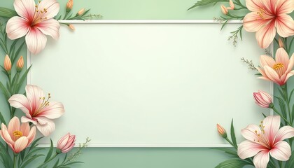 Blank white rectangle frame surrounded by light pink flowers and green leaves on a soft green backdrop. This floral arrangement is perfect for invitations, cards, or spring themed announcements.