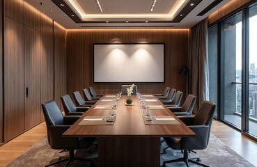 Fototapeta premium Modern luxury meeting room interior in high-rise office building. Large polished wooden conference table, comfortable executive chairs, big projector screen ready for presentations. Wood panel walls,