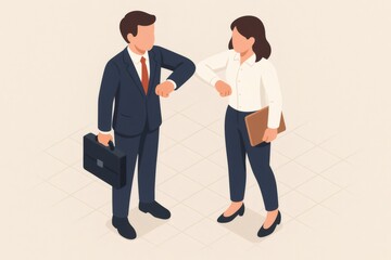 Fototapeta premium Professionals avoiding direct contact by bumping elbows, showing alternative greetings and social distancing in business settings