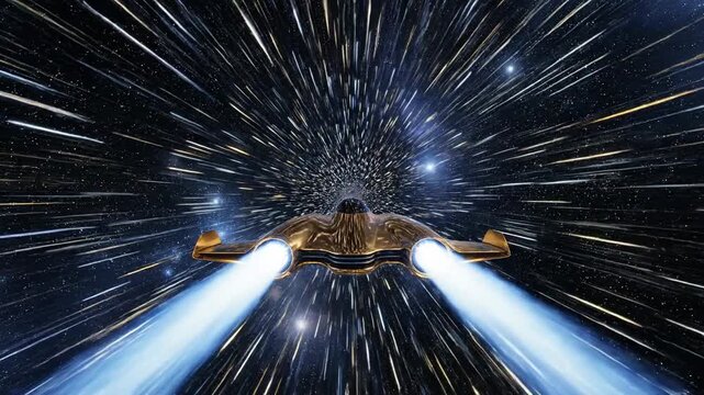 Spaceship in hyperspace travel through star field conceptual digital animation