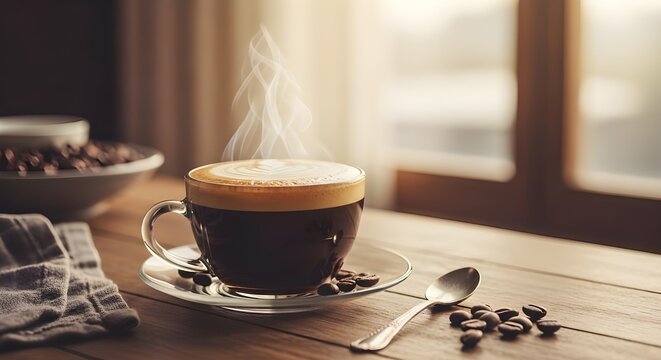 A close-up shot of a steaming cup of coffee with latte art, resting on a wooden table by a window.