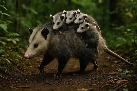 Tlacuache mam&aacute; con beb&eacute;s en la espalda buscando comida en h&aacute;bitat boscoso. Escena ultra realista 4K. Iluminaci&oacute;n natural, enfoque en supervivencia y ternura familiar.