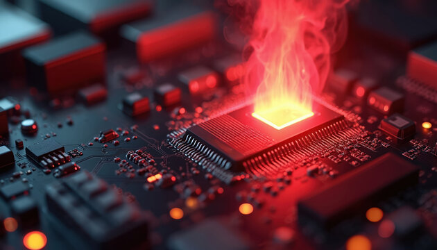 Illustration of computer motherboard with a glowing red CPU and rising smoke. It symbolizes hardware failure and malfunction tech issue. Concept of repair IT troubleshooting and digital errors
