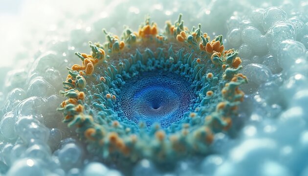 Microscopic view of cellular structure, depicting a biological cell with nucleus. Abstract science or medical concept, complex organism detail, lab research graphic.