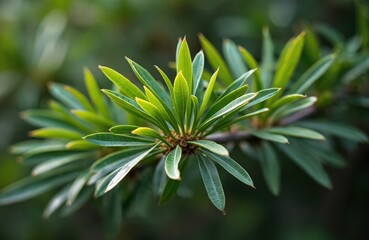 Fototapeta premium Melaleuca alternifolia leaves branch. Evergreen tree native to Australia known for tea tree oil. Natural remedy for skin care and disinfection uses.