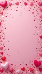 Bright Heart-Themed Border with Confetti on Light Pink Background