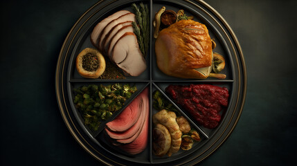 Meat layering and garnish rhythm evoke clarity, ritual, and editorial depth in culinary storytelling. Circular layout and festive contrast highlight abundance, texture, and visual harmony.