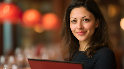 Portrait of person with long dark hair holding red menu in warmly lit restaurant. Ideal for editorial, lifestyle, hospitality, or dining culture photography themes.