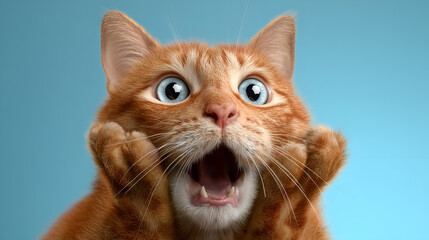 Orange tabby cat with raised paws and open mouth. Blue eyes and light background evoke humor, anthropomorphic charm, and editorial pet personality.