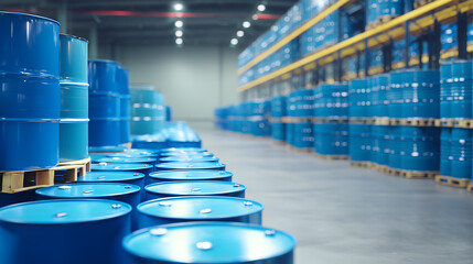 Blue barrels arranged on pallets and shelves in clean warehouse. Overhead lighting and polished floor evoke industrial logistics, safety, and editorial clarity.