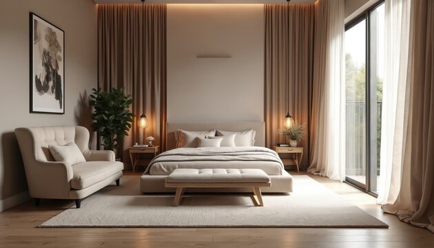 Luxurious bedroom interior decor featuring bed armchair and large windows. Photo shows modern furnishings natural light and cozy atmosphere. Minimalist design is apparent in room elegant aesthetic.