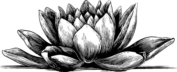Naklejka premium Engraved decorative illustration of a blooming lotus flower for vintage art prints