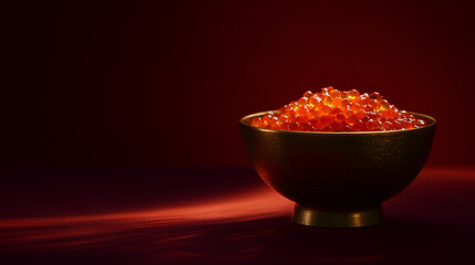 Glossy orange-red fish roe in textured bowl on deep red backdrop. Rich contrast and warm glow evoke luxury, culinary elegance, and editorial food styling.