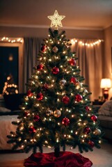 Beautifully decorated christmas tree with glowing star and warm lights in a living room