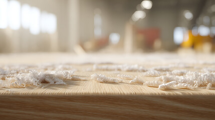 Close-up of wood grain and fine shavings on workbench. Blurred workshop background and soft light evoke craftsmanship, texture, and artisanal process.