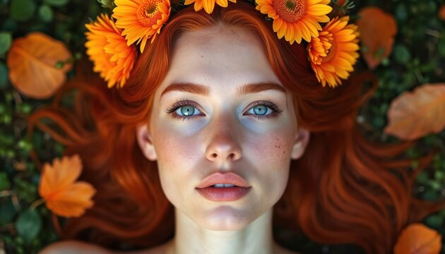 Young woman with red hair and flower crown lies on green grass. Autumn leaves surround her head. She looks up with blue eyes. Calm serene face. Gentle skin.