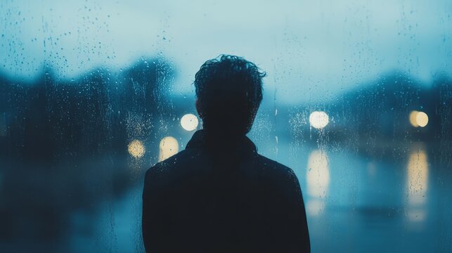 A man stands near a large window covered with raindrops, gazing into the blurred city lights outside, creating a cinematic mood of solitude, reflection, and quiet emotion soft, melancholic atmosphere