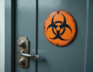 Close up photo shows an orange biohazard warning sign on gray lab door. The rusty sign warns of potential biological danger. Entrance to the lab requires safety protocols.