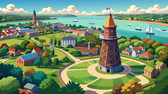 Very beautiful aerial panorama featuring Touro Park with its historic Windmill Tower, overlooking lush greenery and Newport Harbor in the background, capturing the charming city center of Newport, Rho