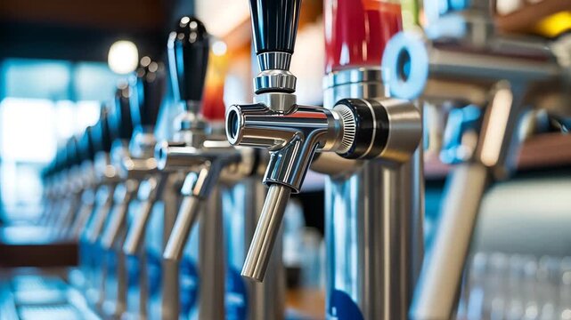 Closeup of multiple shiny chrome beer taps lined up on a bar counter with a shallow depth of field creating a soft, bluetoned bokeh background