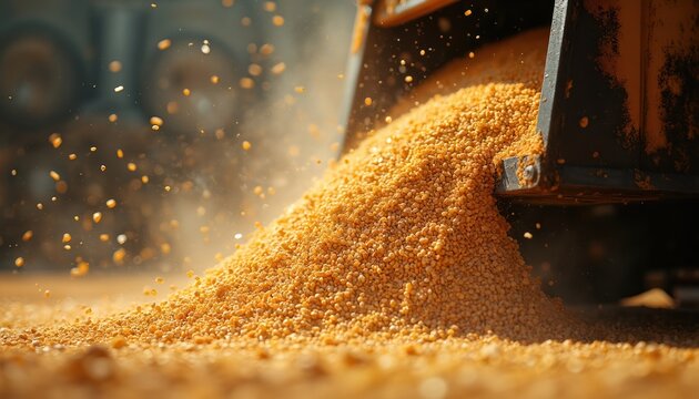Yellow grains fall from industrial machine bucket. Bulk commodity pour onto ground. Automated agri tech unload harvest. Agricultural equipment moves crop for feed.