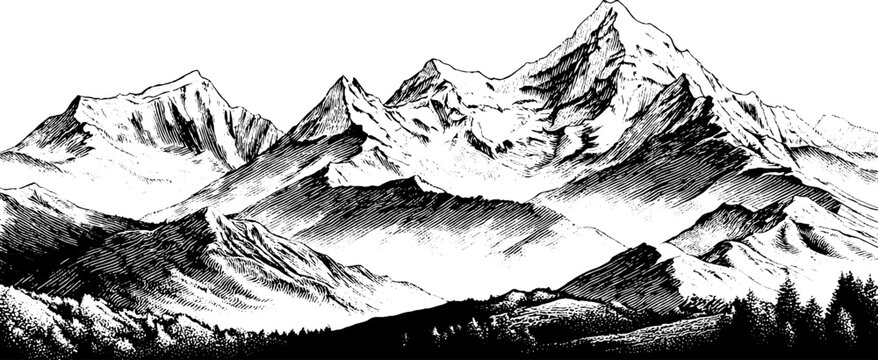 Intricate vintage engraving of majestic mountain range