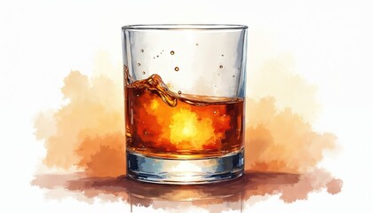 Watercolor art features clear rocks glass of amber spirit. Dynamic splash stirs rich brown liquid inside. Strong alcohol drink whiskey scotch. Isolated, great for bar menu party graphic.
