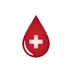 Fototapeta premium Red Blood Drop Icon with White Cross Symbol Represents Medical Health and Donation Concept Isolated on Black Background