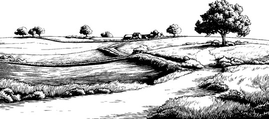 Fototapeta premium Vintage engraved illustration of a serene farmland landscape for rustic design and decor