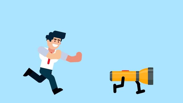 A businessman runs after a walking flashlight, symbolizing searching for solutions, guidance, or new ideas in business on a blue background.
