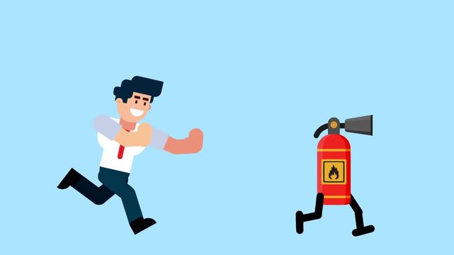 A businessman runs after a walking fire extinguisher, symbolizing crisis management, emergency response, and problem solving in business on a blue background.

