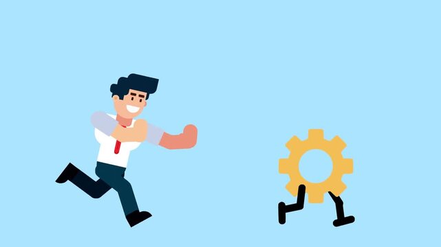 A businessman runs after a walking gear, symbolizing pursuit of productivity, efficiency, innovation, or problem solving in business on a blue background.