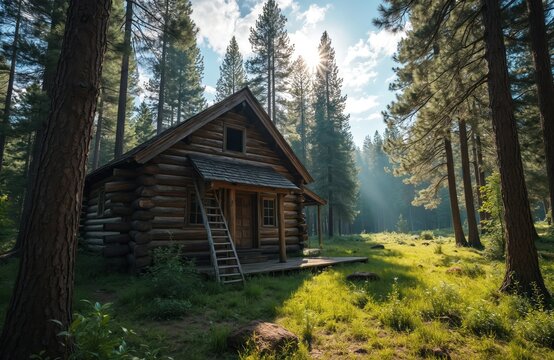 Old log cabin sits in sunlit forest clearing surrounded by tall pine trees. Wooden ladder leans against porch, offering access to rustic structure. Green grass and wildflowers carpet ground.