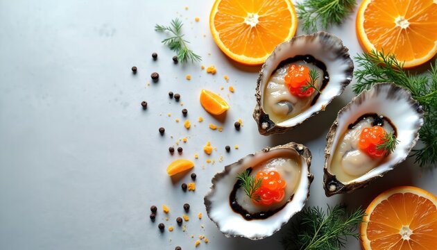 Fresh oysters served with orange slices and caviar garnish. Delicious seafood appetisers. Served on elegant plate with herbs and peppercorns for refined dining.