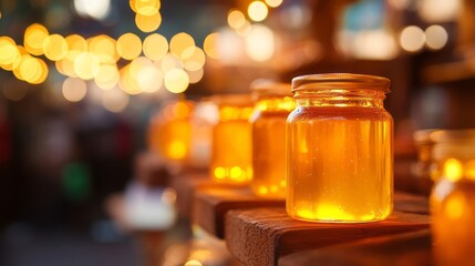 Illuminated glass jars of honey glowing warmly at rustic outdoor market, golden organic food product with natural sweetness, nutrition agriculture farming traditional harvest and healthy rustic design
