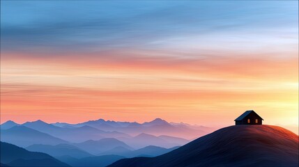 A small cabin sits atop a hill, silhouetted against a vibrant sunset over a mountain range, creating a tranquil and scenic landscape.
