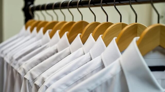 Row of crisp white dress shirts neatly hanging on wooden hangers on a clothing rack, ready for wear or dry cleaning service