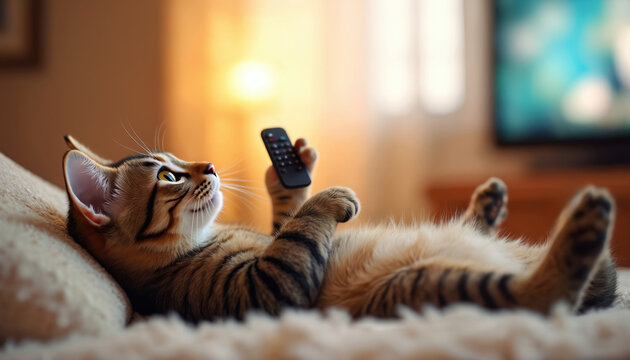 Furry cat relaxes watching TV with a remote control. Adorable pet enjoys entertainment at home. Funny animal lies on its back indoors. Cute kitten with stripes is cozy.
