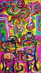 Obraz premium An abstract painting of a cat sitting at a table with flowers. The painting is very colorful and vibrant.