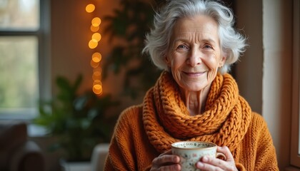 Smiling elderly woman with white hair wears orange knitted sweater, scarf. She holds floral cup of tea. Warm light from string lights, window creates cozy home atmosphere. She looks content, peaceful.