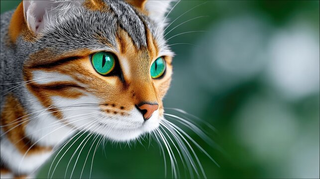 Close-up profile of a cat with striking green eyes, set against a blurred green background, creating a bokeh effect. - Powered by Adobe